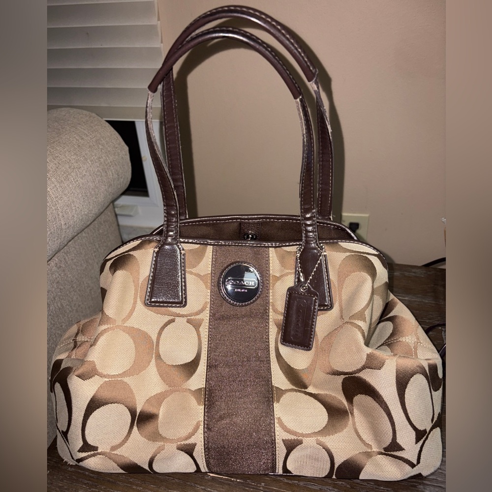 Coach Signature Monogram Canvas Brown and Tan Shoulder Bag with Kiss-lock Pocket